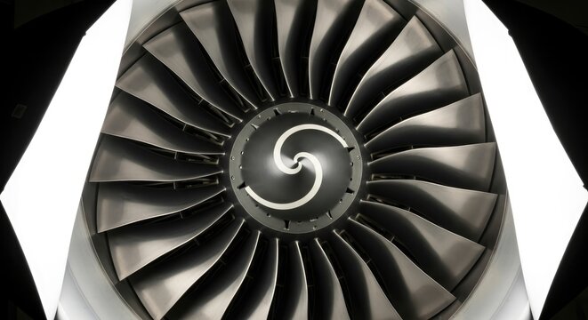 Modern jet engine turbine blades offer powerful aviation technology for innovative engineering designs - Powered by Adobe