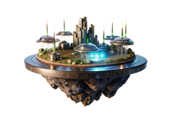 Futuristic floating city with metallic structures and glowing lights on rocky base, isolated on a transparent background