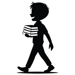 A boy is walking and carrying a stack of books isolated on white background he is smiling and seems happy