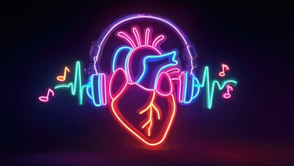 Neon heart with headphones listening to music