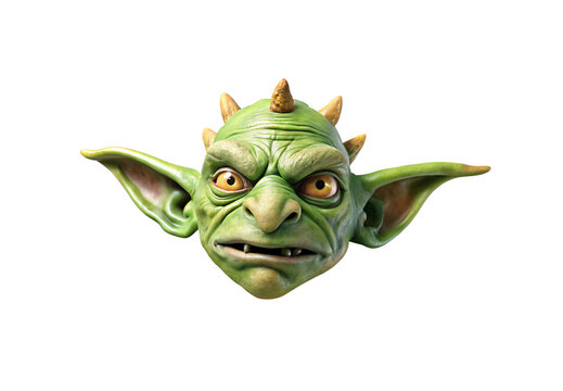 Green goblin head with prominent ears, horns and expressive eyes facing forward, isolated on a transparent background