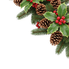 Christmas corner decoration with fir branches, holly leaves, red berries, and pine cones isolated on transparent background, festive holiday season arrangement