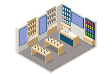Fototapeta premium Isometric smartphone store interior with shelves, tables, accessories, demo phones and a counter area in a modern tech retail environment. Mobile smartphones series shown on retail display