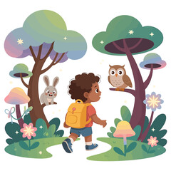 A young child with a backpack walks along a path in a whimsical forest with friendly animals and mushrooms