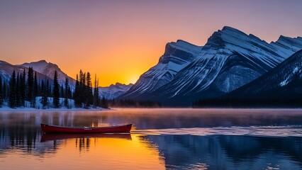 Canoe on tranquil lake at sunrise with mountain backdrop.