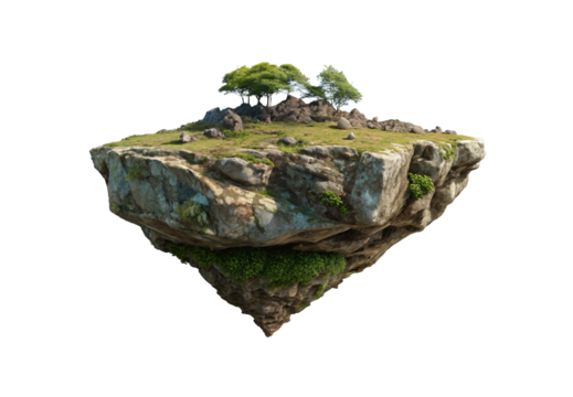 Floating island with trees and rocks on layered stone formation, isolated on a transparent background