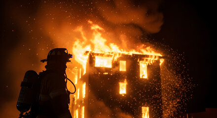 Brave Firefighter Silhouetted Against Massive Apartment Building Inferno at Night