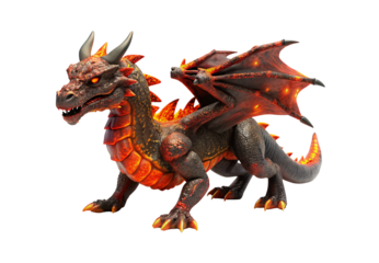 Fire dragon with glowing orange scales and spread wings, isolated on a transparent background