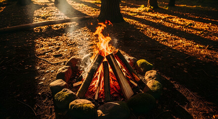 Cozy Campfire Burning Brightly in Sun Dappled Forest Clearing at Dusk for Camping Adventure