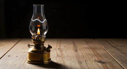 Vintage Brass Kerosene Oil Lamp Burning Brightly on Rustic Wooden Table