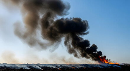 Massive Black Smoke Plume Rises from Intense Field Fire Under Clear Blue Sky