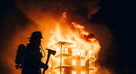 Brave Firefighter Silhouetted Against Massive Building Inferno at Night