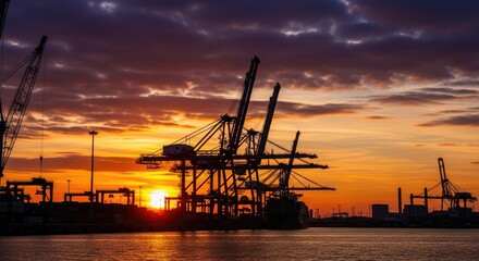 Fototapeta premium Dramatic sunset over shipping port cranes offers powerful industrial backdrop for global logistics themes
