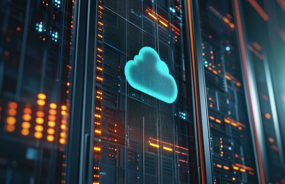 Blue cloud icon glowing on a digital server panel in a modern data center rack, highlighting IT connectivity and data flow, idea for technology presentations