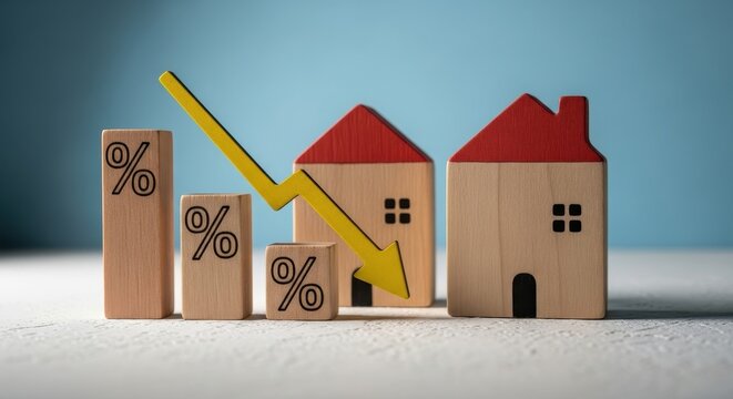 Depicting housing market downturn or falling interest rates with wooden house models and a descending percentage bar graph
