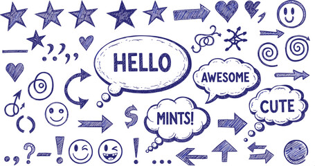 Hand drawn doodle set, blue ink ballpoint sketch, speech bubbles, stars, hearts, arrows, smiley faces, vector illustration collection, notebook scribble design elements