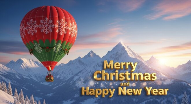 Christmas Balloon Over Snowy Mountains - A vibrant hot air balloon with festive holiday decorations floats over snow capped mountains, evoking Christmas cheer and winter adventures