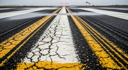 Airport runway vanishing into distance with bright yellow and white safety lines marking the tarmac