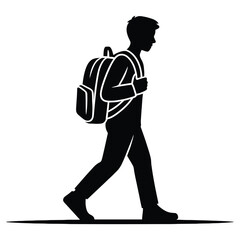 Silhouette of a student walking with a backpack isolated on white background, representing education and travel