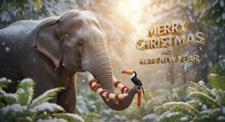 Obraz premium Christmas Elephant and Toucan in Snow - An elephant with a Christmas garland on its trunk and a toucan perched on it amidst snowy foliage wishing everyone Merry Christmas and Happy New Year