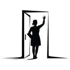 Silhouette of a woman waving goodbye while standing in a doorway isolated on white background, creating a sense of departure