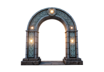 Medieval stone archway with warm glowing lights and Celtic patterns, isolated on a transparent background