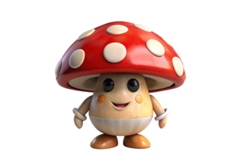 Adorable cartoon mushroom character with red spotted cap and cheerful smile, isolated on a transparent background