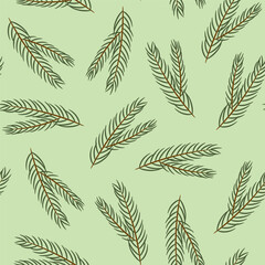 Seamless pattern with green spruce branches scattered on a light green background. A festive vector background for Christmas banners, wallpaper, wrapping paper, and fabric prints.