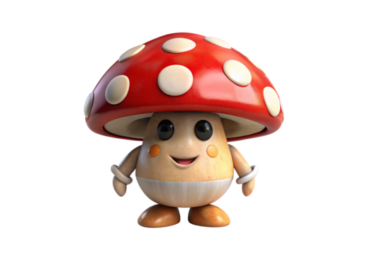 Adorable cartoon mushroom character with red spotted cap and cheerful smile, isolated on a transparent background