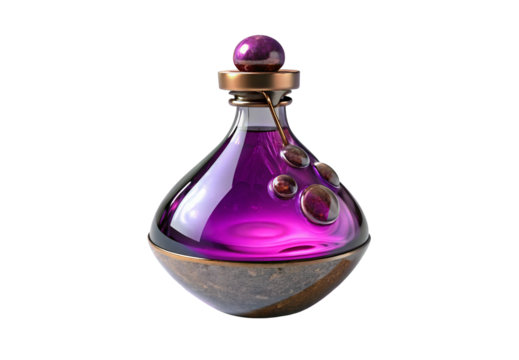 Elegant purple potion flask with decorative bubbles and golden accents, isolated on a transparent background