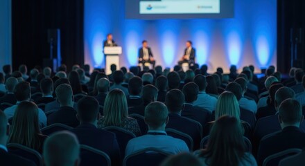 Large audience watches speakers on stage at conference, many wearing dark business attire, lit with bokeh from overhead lights, the warm light contrasting the blue