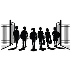 Silhouette of children walking through school gates isolated on white background, symbolizing education and learning