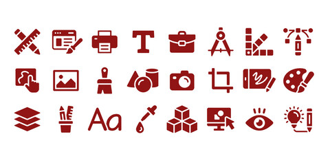 Graphic Design icon set. Containing web design, draw, illustration, portfolio, website, creativity, art, painting, print and more. Solid icons template vector collection.