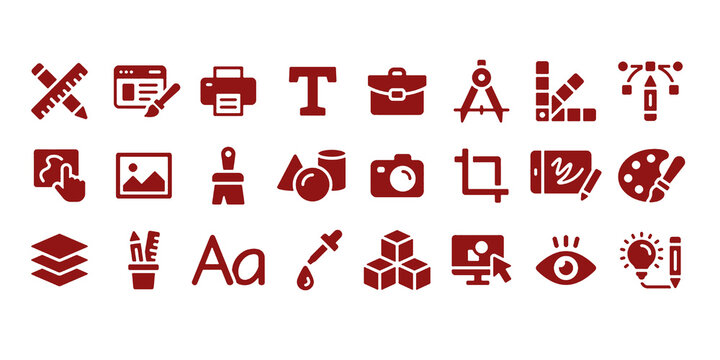 Graphic Design icon set. Containing web design, draw, illustration, portfolio, website, creativity, art, painting, print and more. Solid icons template vector collection.