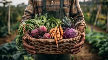 Person holding basket fresh vegetables garden