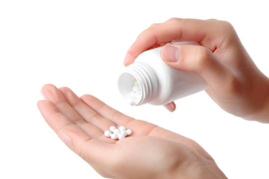 Hand Pouring Round White Pills From Container Into Palm For Medication Or Dietary Supplement Usage Stock Image - Powered by Adobe