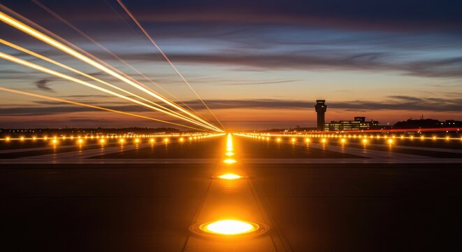Dynamic airplane runway at dusk with vibrant glowing lights creating powerful vision of travel and aviation