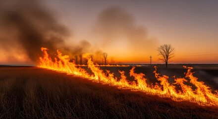 Controlled Agricultural Burn or Wildfire at Sunset with Intense Flames and Smoke Over Dry Grassland