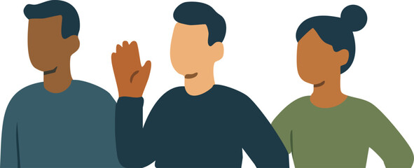 A diverse group of three simplified, faceless characters stands together, with the person in the middle raising a hand as if greeting or speaking. © Svutlana