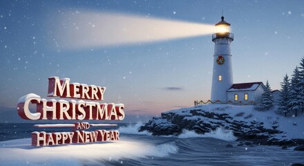 Christmas Lighthouse Celebration - Festive Christmas scene with a bright lighthouse illuminating a snowy landscape and holiday greetings