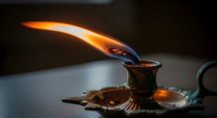 Dramatic Close Up of an Ancient Oil Lamp Flame Burning with Intense Heat and Soft Glow
