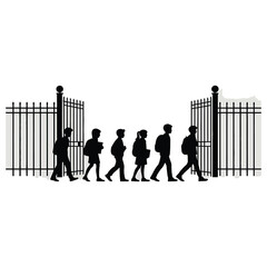 Silhouette of students walking through school gate isolated on white background, symbolizing education and learning
