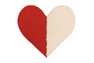 Torn paper heart symbolizing broken love, split relationship, separation, and difficult emotions, transparent background