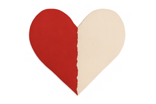 Torn paper heart symbolizing broken love, split relationship, separation, and difficult emotions, transparent background