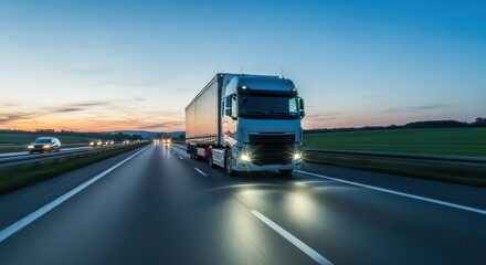 Long-haul truck driving on a highway at dusk, headlights illuminating the road ahead as the sun sets