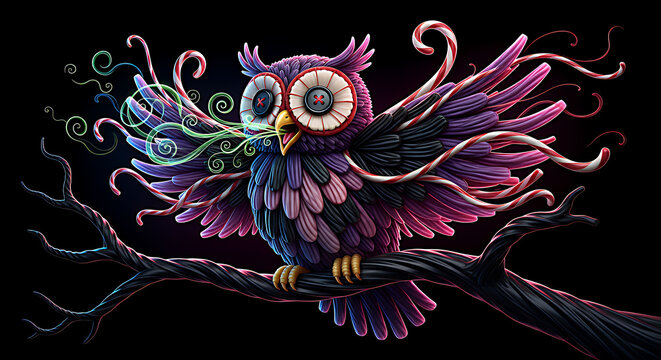 Whimsical and vibrant psychedelic owl with glowing ornate feathers perched on a dark tree branch against a black background