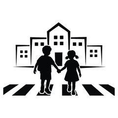Silhouette of two children holding hands crossing the street in front of a school isolated on white background
