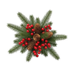 Festive christmas centerpiece isolated on transparent background featuring lush green fir branches, vibrant red berries, and rustic pine cones, perfect for holiday decor