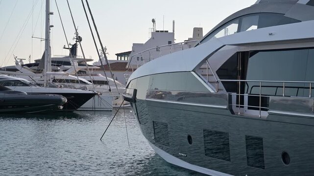 Limassol, Cyprus - May 22, 2025: Limassol Marina. A close-up side view of a large, sleek white yacht docked at the marina. In the background, there are other yachts and boats moored nearby.
