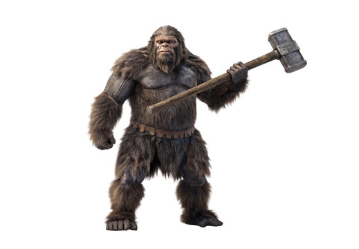 Prehistoric beast warrior holding massive stone hammer primitive caveman tribal hunter, isolated on a transparent background